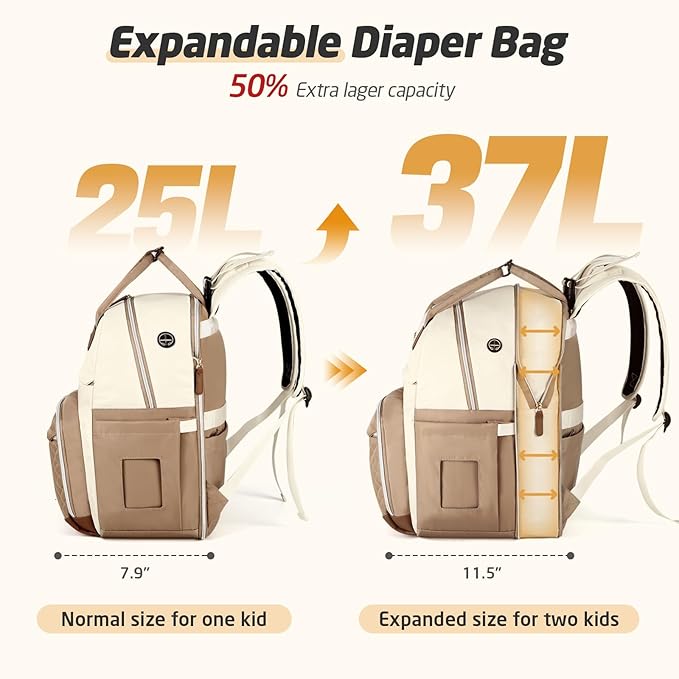 Diaper Bag Backpack - Extra Large Diaper Bag for 2 Kids Twin, Travel Baby Bags for Mom Dad 25-37L Expandable with Changing Pad Earphone Hole, Apricot Beige