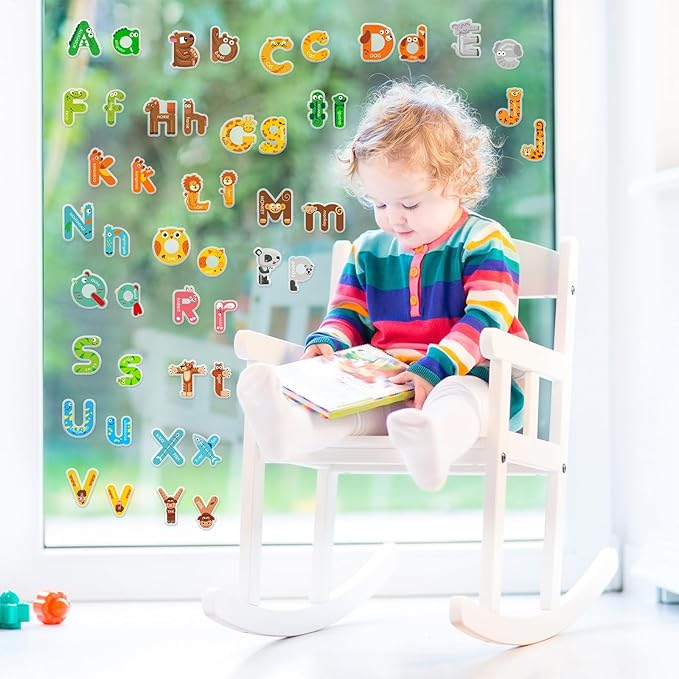Whaline 2 Sheets Alphabet Letters Thick Gel Clings Cute Animals 26 Uppercase & Lowercase Window Gel Decals for Educational Spelling Learning Home Classroom Nursery Decor