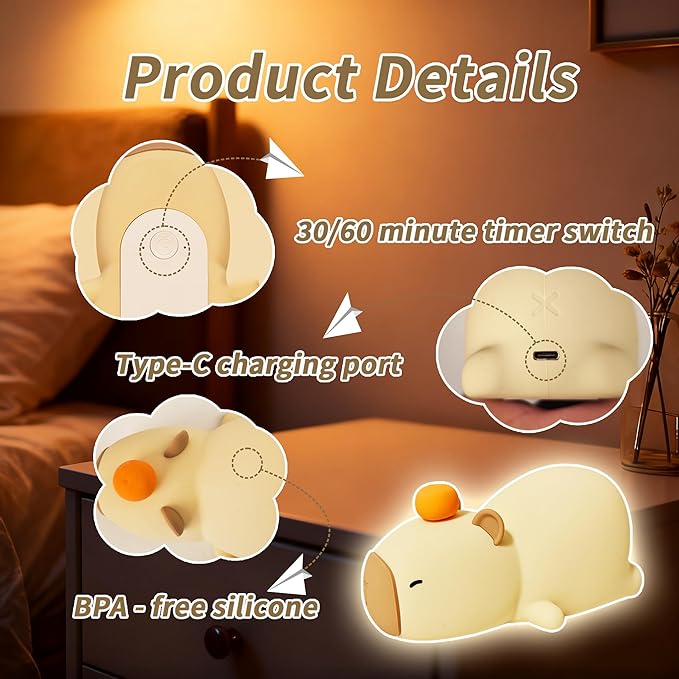 XunYang Cute Night Light for Kids Capybara Lamp, 3 Levels 7 Colors Tap Silicone Dimmable Nursery Nightlight for Boys Girls, USB Rechargeable Capybara Night Lamp for Bedroom - Yellow