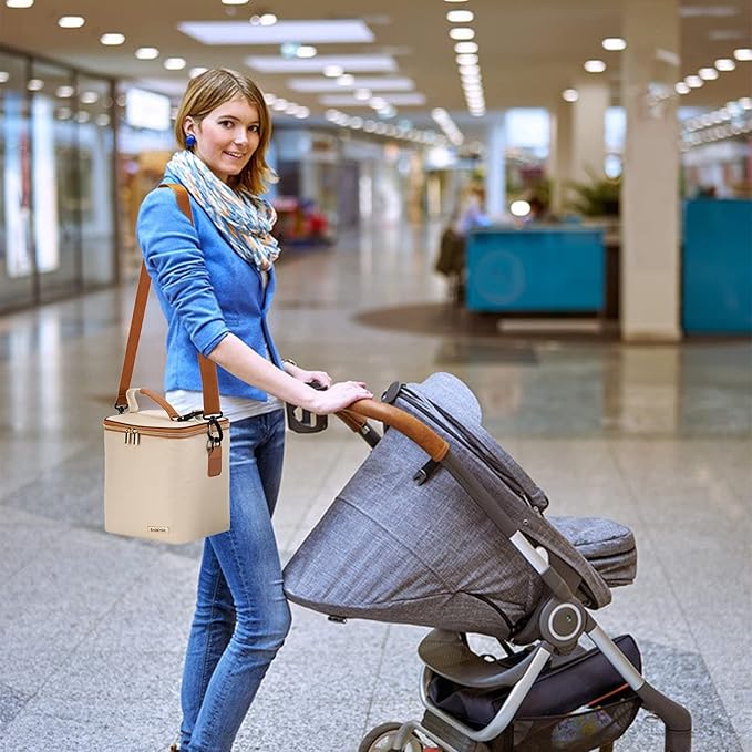 Breastmilk Cooler Bag with Ice Pack Fits 6 Baby Bottles Up to 9 Ounce, Baby Bottle Bag with Shoulder Strap for Nursing Mom Daycare, Cream