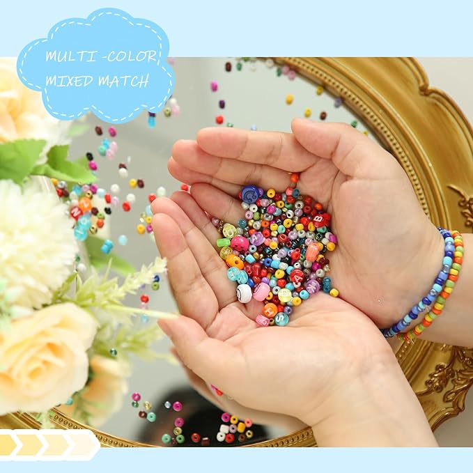 EFIVS ARTS Seed Beads 96 Colors 4MM Small Beads Kit Tiny Bracelet Waist Beads Set with Pendant Charms Letter Beads Kit for Concert Bracelets DIY Making