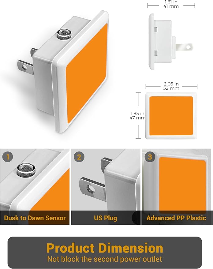 JandCase Amber Night Light[2 Pack], Night Lights Plug into Wall, LED Plug in Nightlight with Dusk-to-Dawn Sensor, 0.3W Dim Night Light for Sleep, Bedroom, Bathroom, Hallway, Non-dimmable