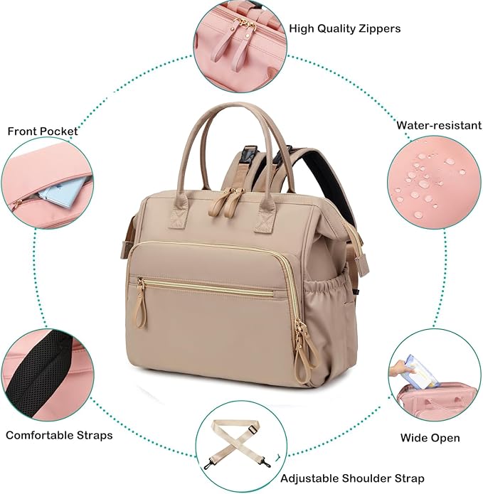 Convertible Diaper Bag Tote, Wide Open Top 14 Pockets Stylish Baby Diaper Bag with Stroller Buckle, Water-resistant (Mocha Mousse, Large)