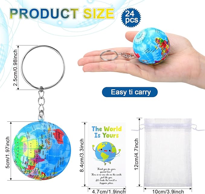 Quelay 50 Pack Earth Day Globe Keychains for Kids, Planet Earth Keyrings Toy Includes Globe Stress Balls Cards Organza Bags, School Party Favor
