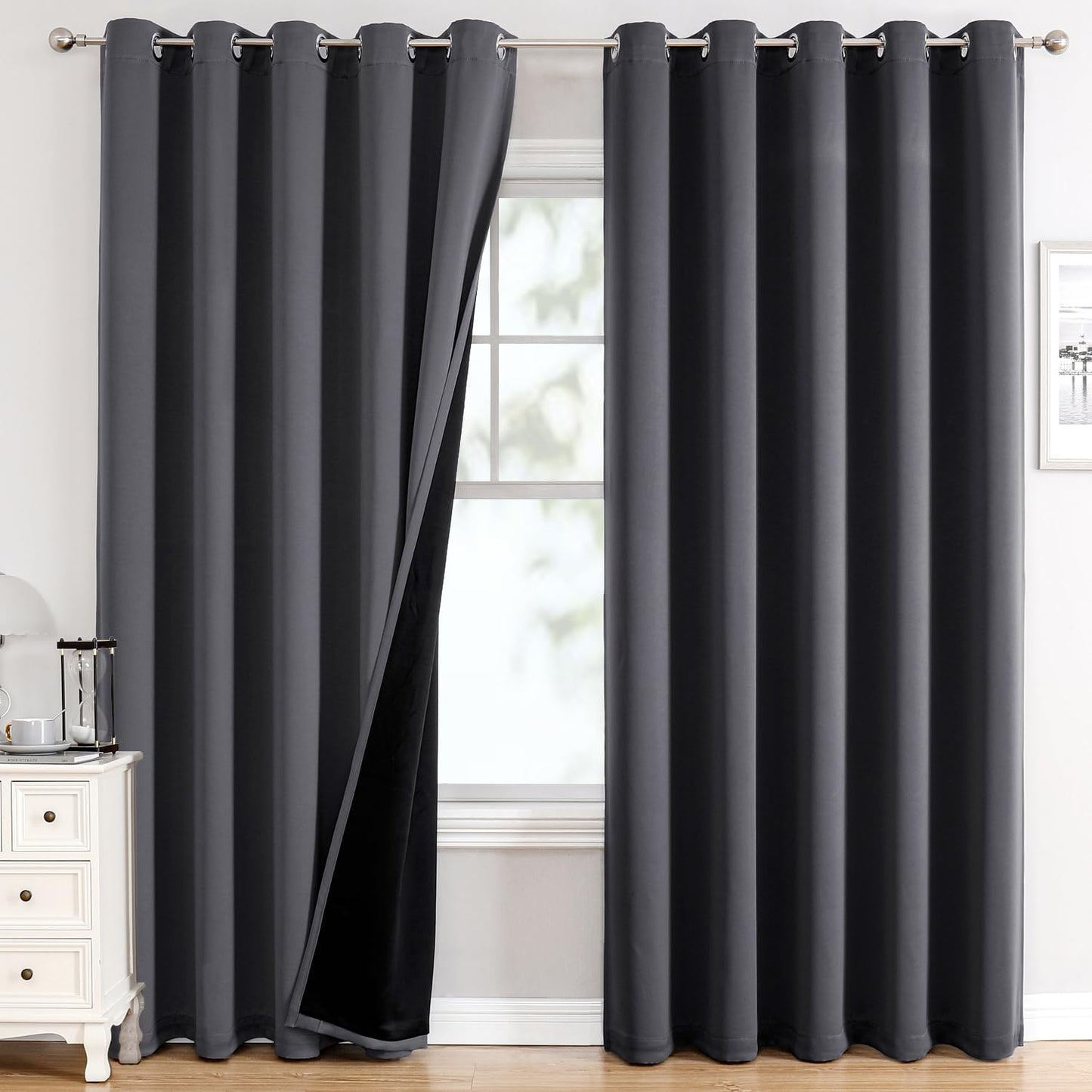ChrisDowa 100% Blackout Curtains 84 inch Long for Bedroom with Black Liner, Extra Wide 2 Thick Layers Total Blackout Thermal Insulated Grommet Window Curtains 2 Panels Set (Dark Grey, 60 x 84 Inch)
