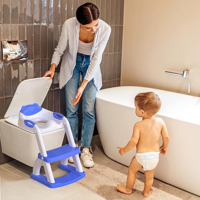 SKYROKU Potty Training Toilet, New Sector-Shape Stabilized Base two in one Toddler Toilet Seat with Splash Guard, Anti Slip Pad, and Step Stool Dark Blue