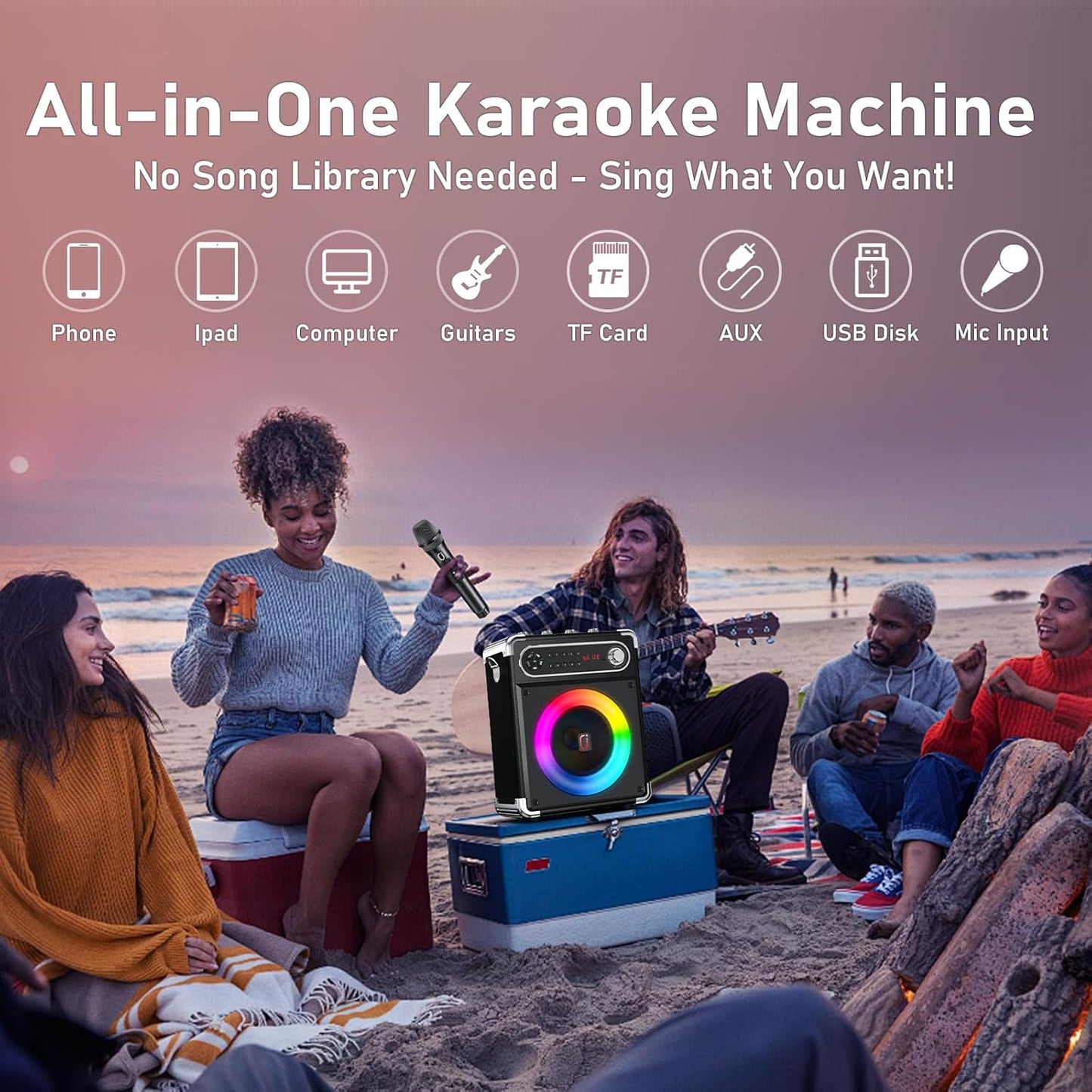 Karaoke Machine with 2 Wireless Microphones,【Upgraded 6.5"Woofer & 2"Tweeter】Portable Bluetooth 5.3 Karaoke Speaker, PA System with Bass/Treble/Echo Adjustment, Supports USB/AUX/TF/TWS for Home Party