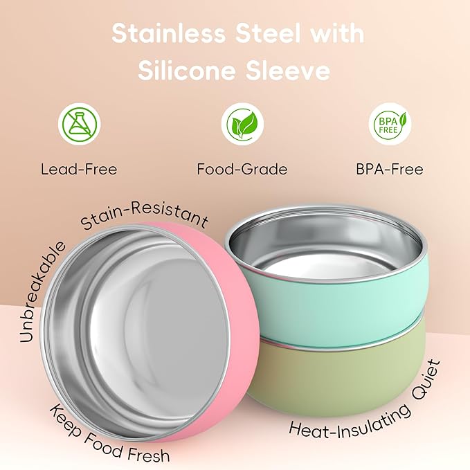 Bella's Friends Stainless Steel Baby Bowls with Silicone Sleeve 3 Pack, 5” for Toddlers Kids Feeding, Non-Slip, Non-Toxic, Mess-Free, Dishwasher Safe, Fit High Chair Size