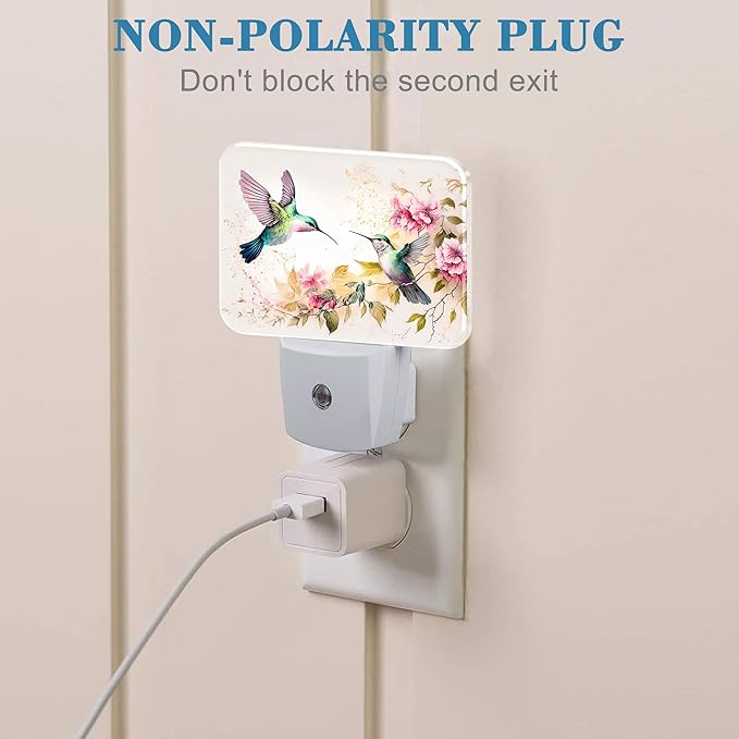 Watercolor Hummingbird Night Light, Pink Flowers Leaves Nightlight Plug into Wall with Dusk to Dawn Sensor for Kid Girls Boys Women Men Bedroom, Hallway, Kitchen, Bathroom, Stairs Decor