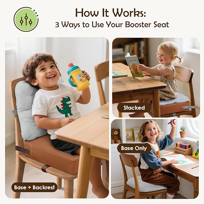 Booster Seat for Kitchen Chair with Comfy Backrest and Adjustable Safety Buckles,Non-Slip Kid Toddler Booster Seat for Dining Table,Portable PU Travel Baby Booster Increasing Cushion Chair