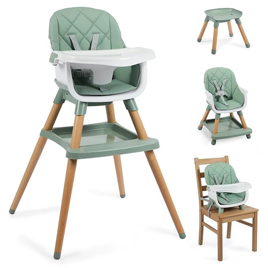 8 in 1 Wooden High Chairs for Babies Toddlers, Convertible to Booster Seat, Baby Feeding Highchair w/ 5-Point Safety Harness, Removable Tray & Cushion, Green