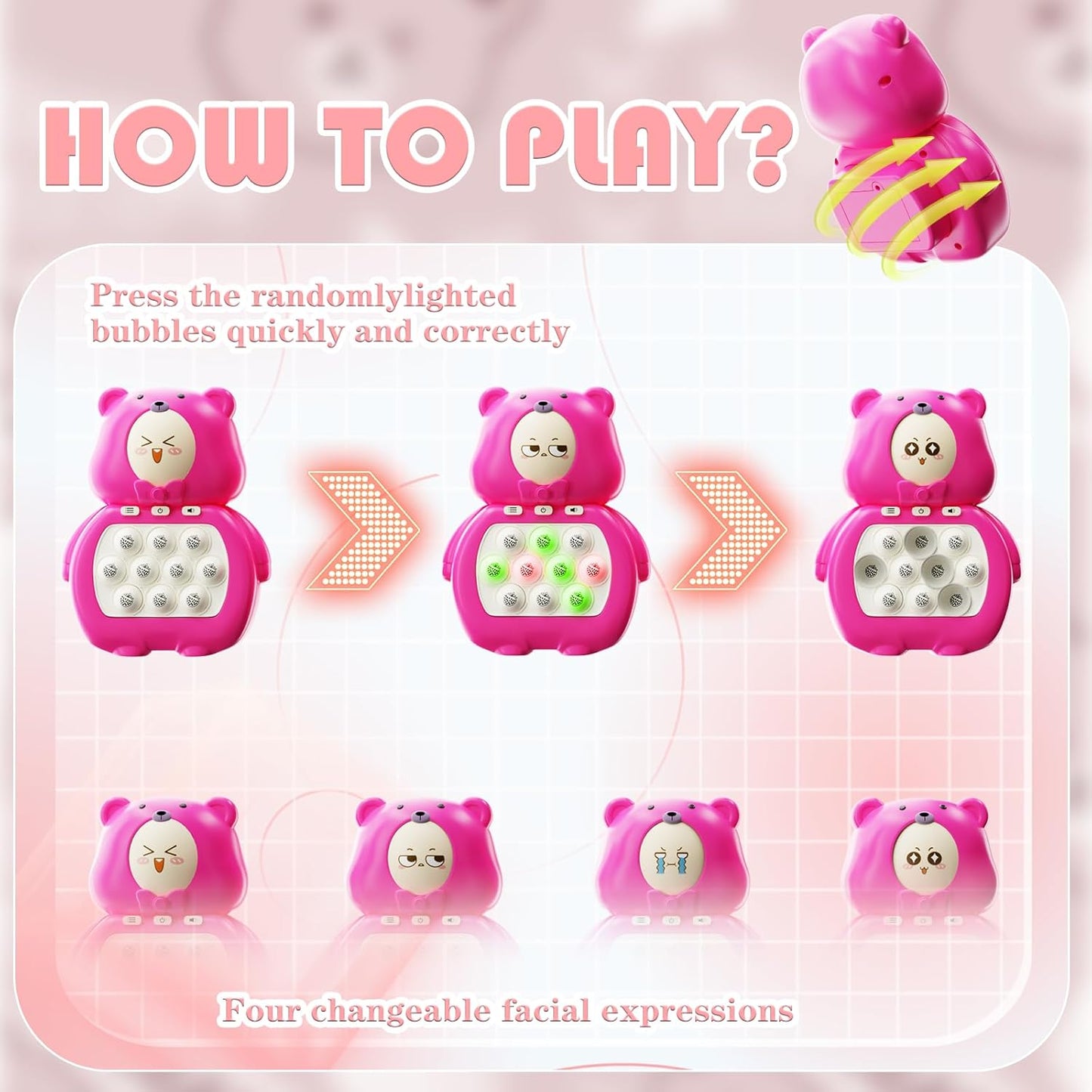 Fast Push Game, Light Up Pop Game Console, Handheld Game for Kids Age 6-12, Fast Push Bubble Game, Fidget Toys for Kids, Stress Relief Game for Kids and Adults, Birthday Gift (Pink Bear)