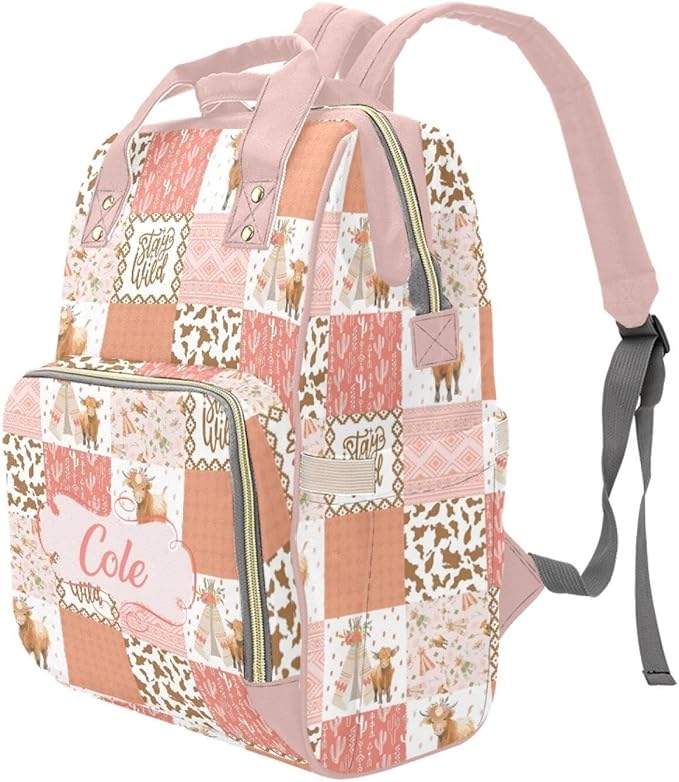 Personalized Highland Cow Pink Diaper Bag with Name – Custom Baby Bag, Nursing Tote Backpack for Mom, Custom Name Mommy Daypack, Shower Gift for Baby