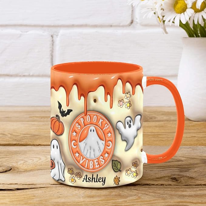 Personalized Halloween Mugs with Names, Halloween Pumpkin Coffee Mug, Custom Ghost Accent Mug Spooky Halloween Gifts For Women Men Friends Family Spooky Season Gift Fall Mug 11 Oz