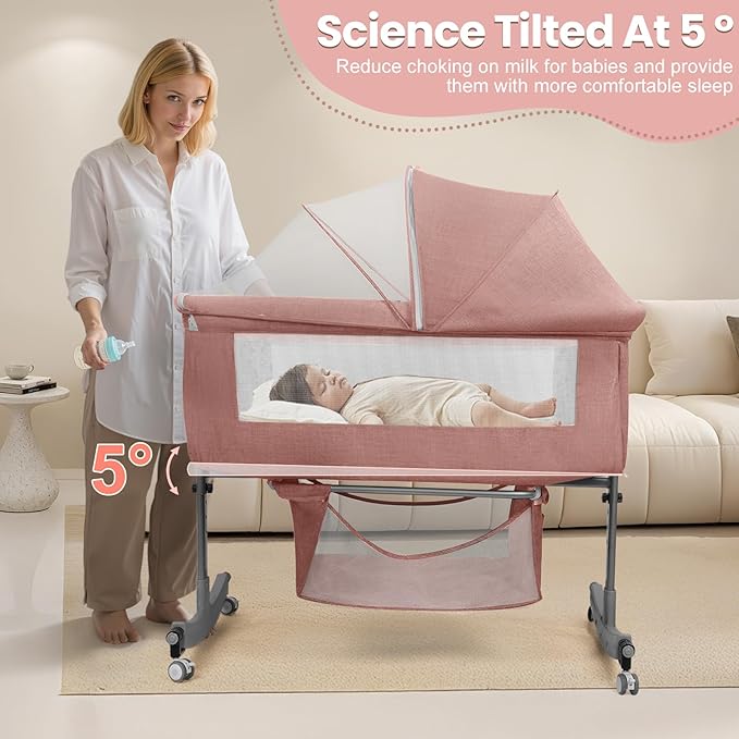 3-in-1 Baby Bassinet Bedside Sleeper for Newborns & Infants - 6-Level Height Adjustable, Portable Convertible Bassinet/Cradle with Mosquito Net, Storage Basket & Wheels,Easy Assemble (Pink)