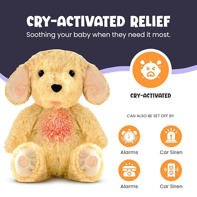 Gemma Joy Bedtime Baby Soothers for Sleep, Cry Activated Heartbeat Stuffed Animal for Baby, Newborn, Calming Light, Lullaby Music, White Noise, Shush and Mother’s Heartbeat - (Puppy, Rechargeable)