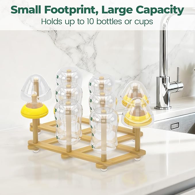 EsLuker.ly Baby Bottle Drying Rack Bamboo Vertical Dryer Holder, Foldable Space Saving for 10 Milk Glass Bottle Countertop, Wooden Drain Stand Shelf for New Parents