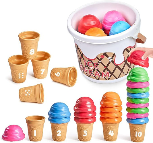 JoyCat Ice Cream Preschool Learning Activities Counting and Color Sorting Set Stacking Toys for Kids 1-5, Educational Fine Motor Skills Toys, 30PCS Math Manipulatives Learning Food Toys