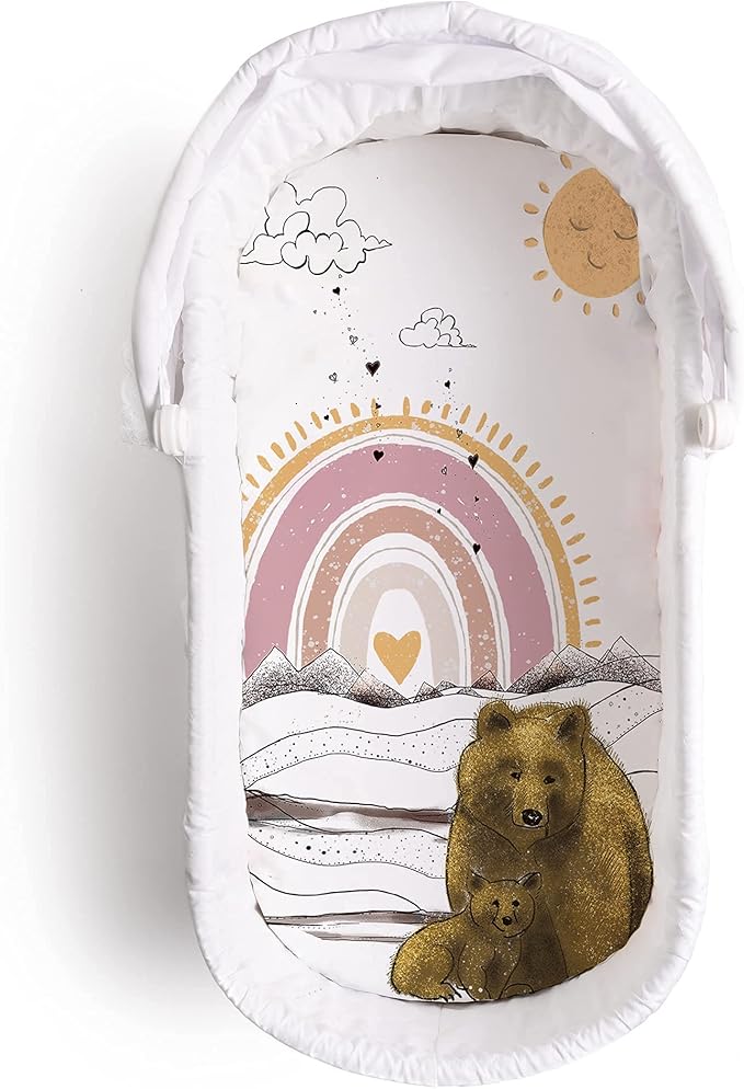 JumpOff Jo - Hypoallergenic Fitted Bassinet Sheet for Baby Boys & Girls - Rectangular, Hourglass & Oval Crib Compatible, Soft, Breathable, Machine Washable - Rainbow Bears