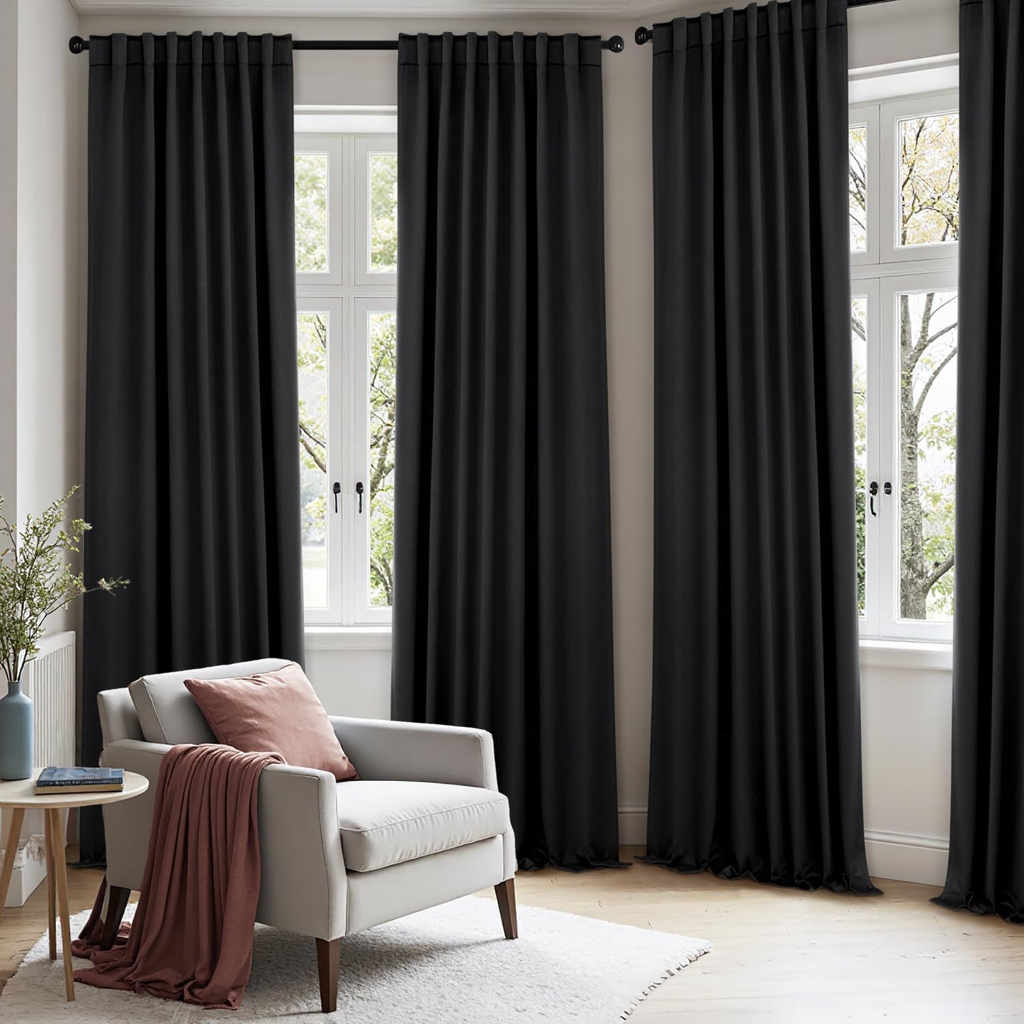 ANRODUO Back Tab Blackout Curtains for Bedroom Living Room, Rod Pocket Pinch Pleated Thermal Insulated Room Darkening Curtains 84 Inches Long 2 Panels, Black, 52 x 84 Inch