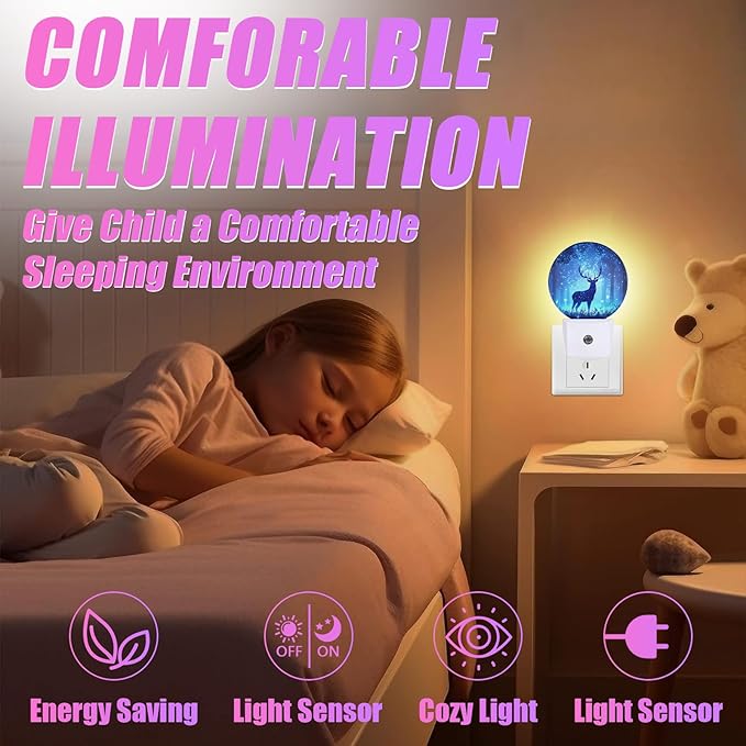 Deer Pine Tree Night Light Foggy Forest Night Lights LED Lamp Round Plug into Wall Nightlight with Dusk to Dawn Sensor Home Hallway Stairway Kitchen Decor