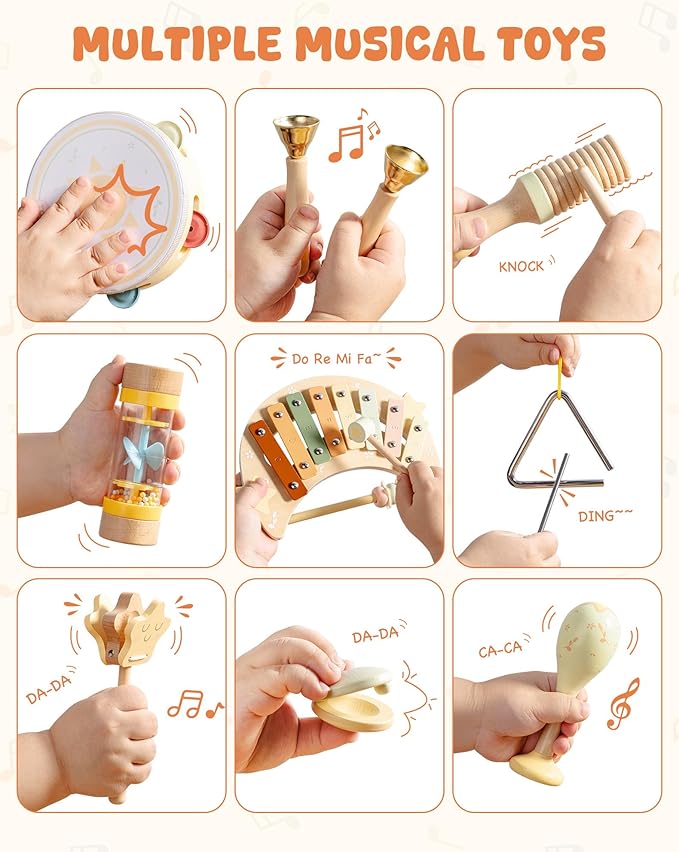 ROBOTIME Baby Musical Instruments Set, 11 PCS Wooden Toddler Musical Toys with Xylophone Percussion Instruments, Montessori Musical Toys for Preschool Kids Girls Boys
