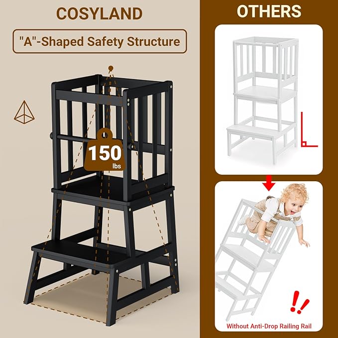 COSYLAND Kitchen Step Stool for Toddlers – Stable A-Frame Design Kids Standing Tower with Protective Crossbar – Wooden Learning Stool for Kitchen Island Counter, Bathroom (Black)