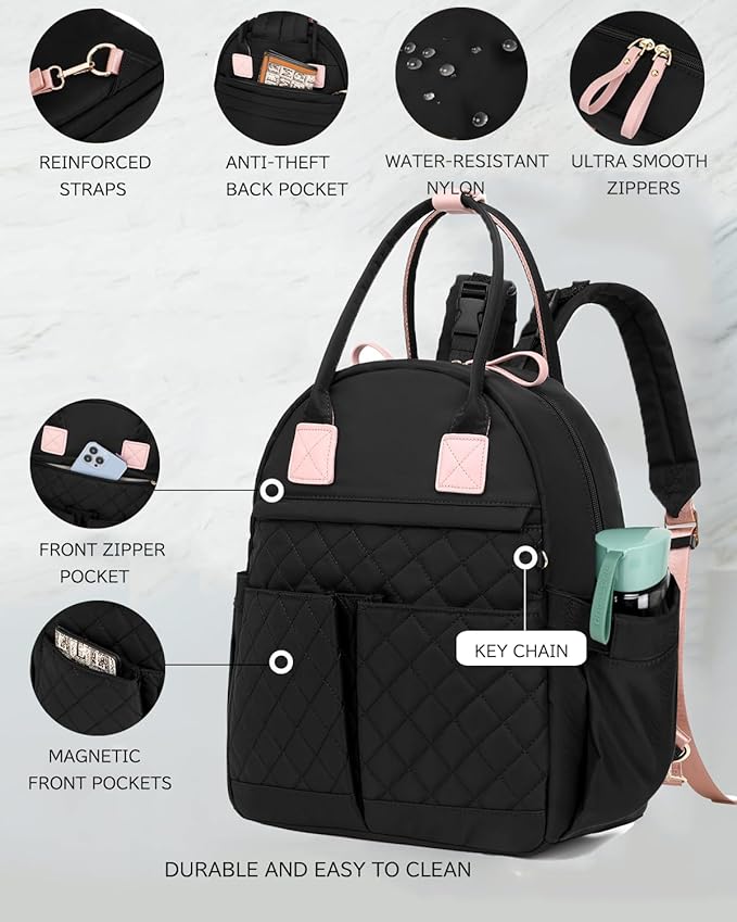 18 Pockets Large Diaper Bag Backpack with Waterproof Pockets and Stroller Buckle, Convertible Baby Bag (Black-pink, Medium)