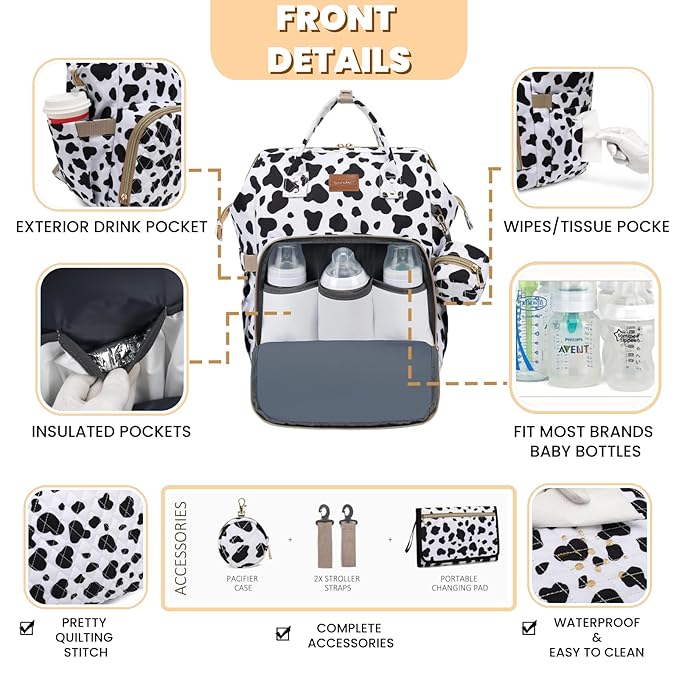 Diaper Bag Backpack with Changing Pad, Pacifier Case, Baby Bag for Boy Girl Toddler - Large, Stylish, Waterproof Travel Quilted Diaper Bag for Mom - Baby Shower Registry - Cow
