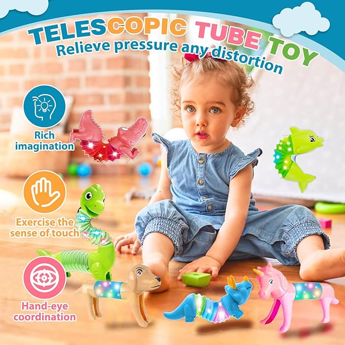 10 Pack Animals Halloween Fidget Toys for Toddlers, LED Animal Pop Tubes for Kids 3 4 5 6 7 8 Year Old Girls Boys Birthday Gifts Autism Sensory Toy for Kid Age 3-8 Tube Light Up Party Favors