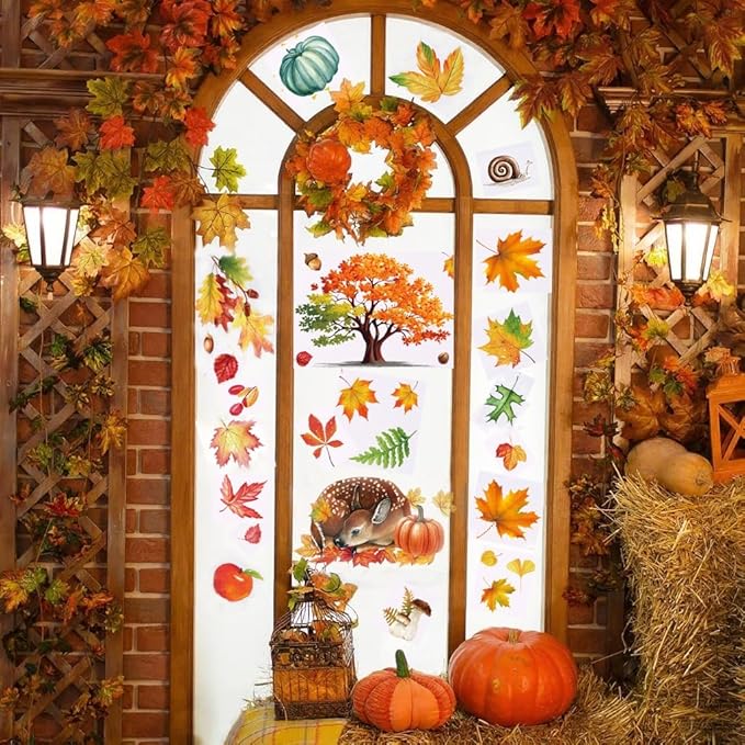 Fall Window Clings 9 Sheets Large-Size Window Clings for Glass Windo Decoration Autumn Leaves Animals Woodland Thanksgiving Decor Home Bedroom Nursery Room Windo Decals
