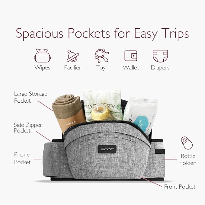 Momcozy Hip Seat Baby Carrier - Adjustable Waistband with Original 3D Belly Protector, Ergonomic Carrier with Various Pockets for Toddlers up to 45lbs (Grey, Medium 27-45IN)