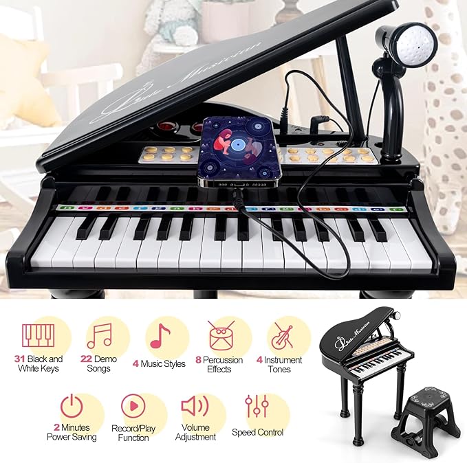 HONEY JOY Classical Kids Piano, 31-Key Toy Mini Grand Piano with Music Stand & Stool, Portable Electronic Piano Educational Musical Instrument Toy w/ Microphone, Lights, Gift for Kids (Black, 31 Keys)