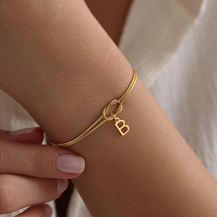 Gold Initial Bracelets for Women Girls - 18K Gold Plated Knot Initial Bracelet Teen Girl Gifts Trendy Stuff Dainty Gold Bracelets for Women Girls Jewelry Gifts