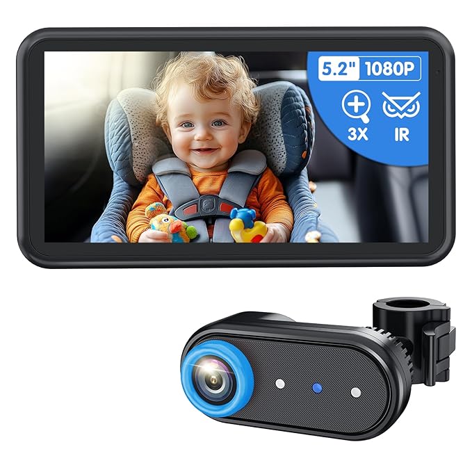 BM2A Baby Car Camera, 3X Zoom & 5.2" 1080P Display for Rear-Facing Car Seats, IR Night Vision, Easy No-Damage Instal – Ideal Car Baby Camera for Parents and Pet Owners