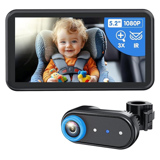 BM2A Baby Car Camera, 3X Zoom & 5.2" 1080P Display for Rear-Facing Car Seats, IR Night Vision, Easy No-Damage Instal – Ideal Car Baby Camera for Parents and Pet Owners
