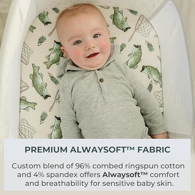 Pobibaby – 2 Pack Bassinet Sheets Boy, Bassinet Sheets Cotton for Neutral Nursery for Standard Rectangle Bassinets – Ultra-Soft Jersey Knit, Safe and Snug for Baby (Gone Fishing)