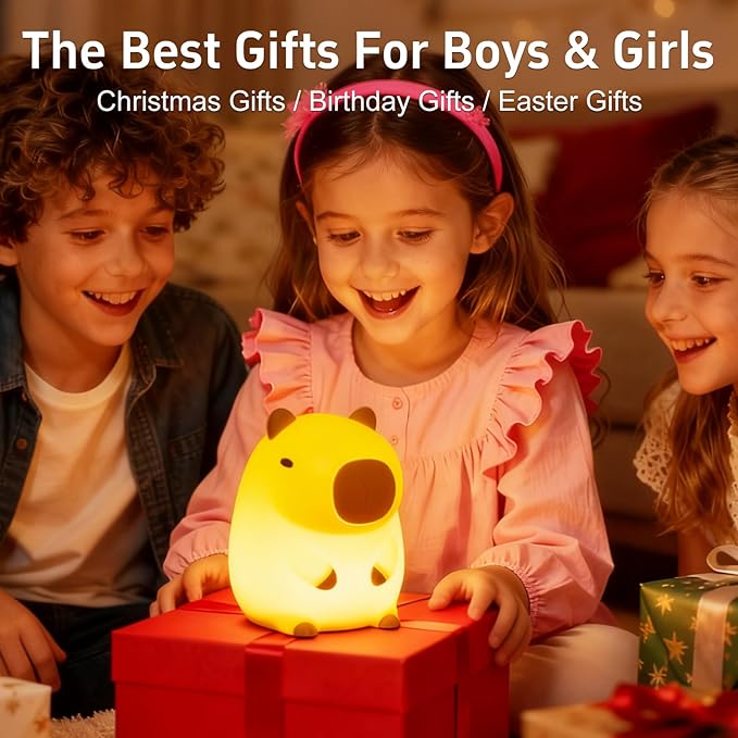 Cute Capybara Night Light for Kids, Squishy Capybara Lamp Gifts, Nursery Bedroom Decor, 2 Levels Dimmable Nursery Nightlight for Kids，Rechargeable LED Bedside Lamp with 20 Min Timer & Tap Control