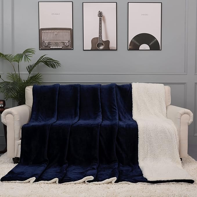 NANPIPER King Size Sherpa Blanket, Soft Fleece Throw for Bed, Reversible Thick Fuzzy Blanket for Winter (Navy Blue, 90x108 inches)
