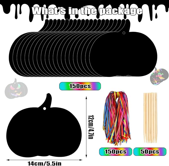 Jenaai 150 Set Halloween Scratch Art Halloween Paper Crafts Kit, 50 Pumpkin Scratch Cards Ornaments 50 Wooden Sticks 150 Ribbons for Rainbow Art Trick or Treat Party Supplies Game Goodies Gifts
