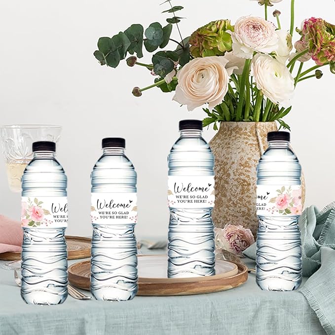 100PCS Wedding Water Bottle Labels Waterproof Greenery Floral Wraps Sticker for Water Bottle Baby Shower Bottle Label for Bridal Shower Party Welcome (Pink)