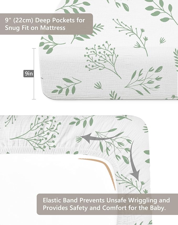Crib Sheets for Baby Boy Girl 2 Pack, Fitted Crib Mattress Sheet 28" x 52", Muslin Toddler Bedding with Neutral Style, Nursery Bedding Essentials (Fern Leaf & Sage)