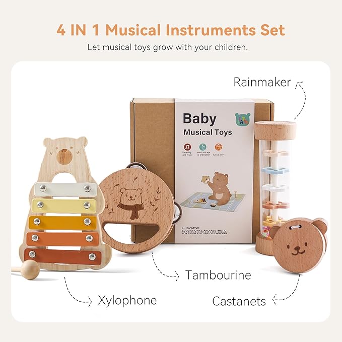 Baby Musical Instruments - Your Child's First Musical Toys with Castanet Rainmaker Tambourine Xylophone - Baby Friendly Design Wooden Instruments Set Grow with Your Boys and Girls