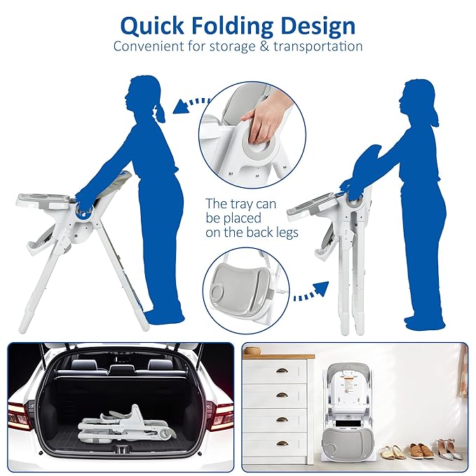 GAOMON Baby High Chair, Multifunctional Infant Highchairs with Adjustable Height and Recline, Foldable High Chair for Babies & Toddlers, High Chair with Removable Tray Easy Clean (Gray)