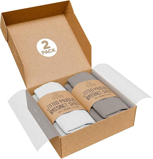 Bassinet Fitted Sheets - Compatible with Fodoss, Mika Micky & Dream on Me Poppy Traveler Bassinet | 100% Organic Muslin Cotton - White + Grey | 32x19 (2 Pack)