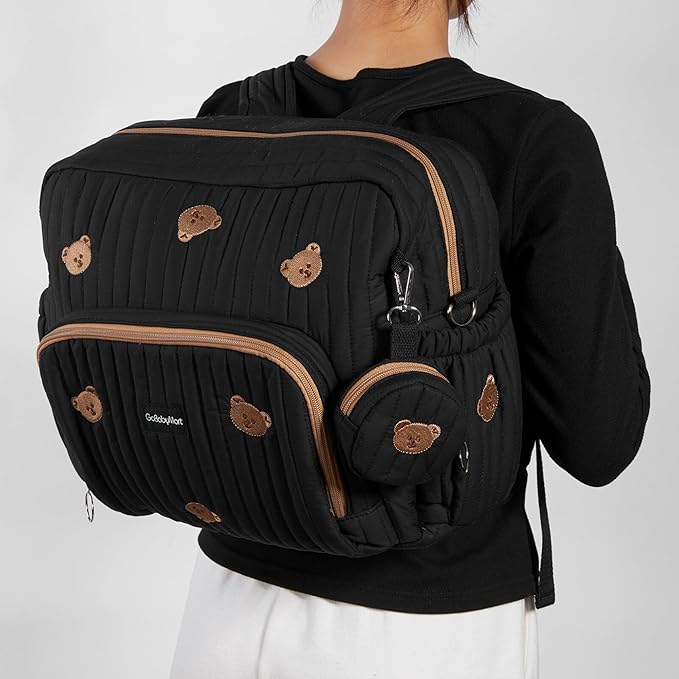 Diaper Bag Backpack, Medium Maternity baby bag & Changing Pad, Insulated Pockets, Stroller Straps & Pacifier Case (Medium - Black Bears)