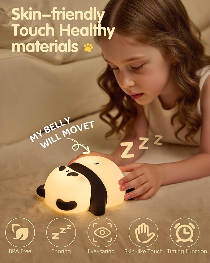Snoring Panda Night Light for Kids, Upgraded Large Novelty Nursery Nightlight with Snoring Motion & Sound, Rechargeable Cute Night Light for Baby, Bedroom, Breastfeeding, Gifts for Girls & Boys