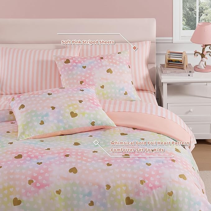 Full Size Comforter Sets with Sheets for Girls-7 Pieces Full Size Bedding Sets with Pink Comforter, Sheets, Pillowcases & Shams for Kids (Colorful Gold Heart, 76" X 86")