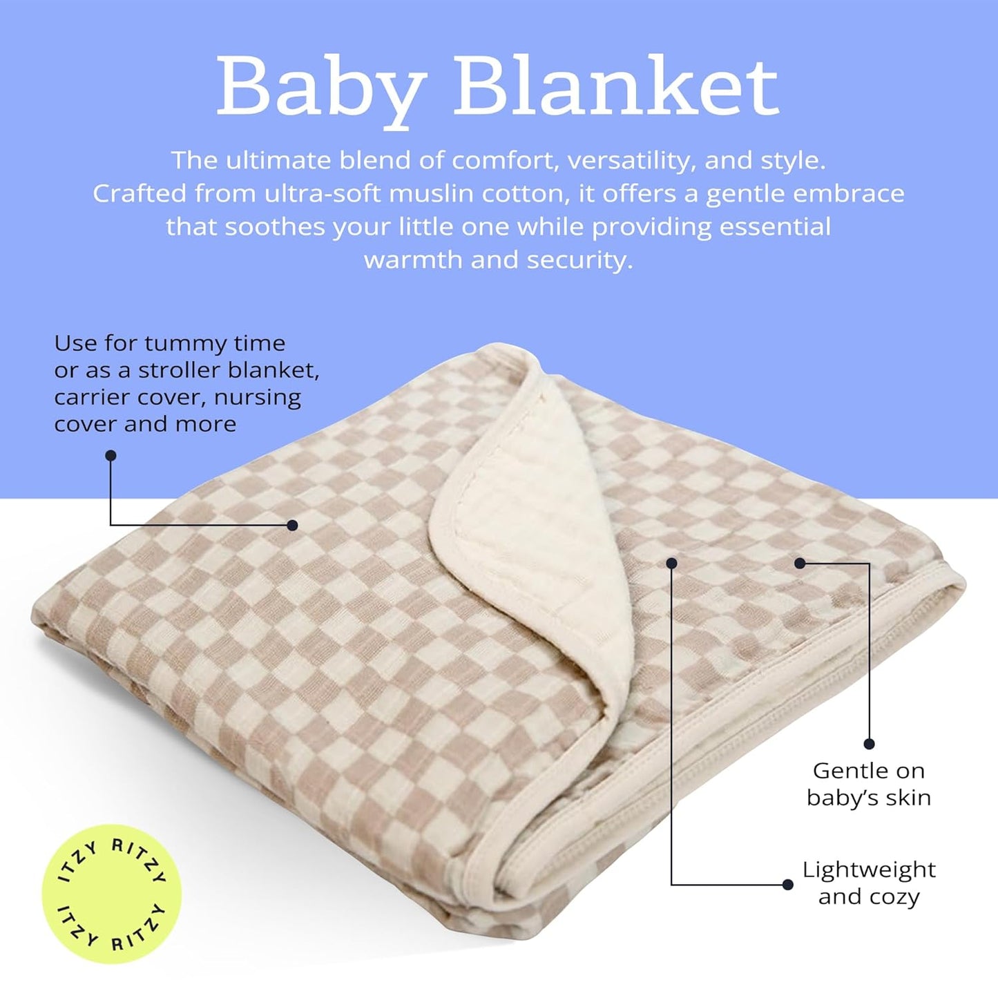 Itzy Ritzy Baby Blanket – Soft Cotton Muslin Multi-Use Blanket - Can Be Used as a Tummy Time Mat, Nursing Cover, Stroller Shade & More – Measures 30" x 40", Machine Washable (Checkerboard)