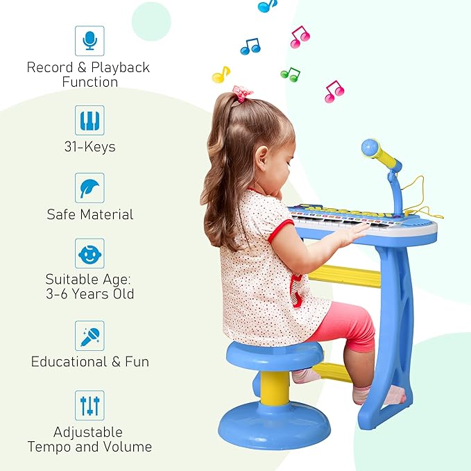 Qaba 31-Key Kids Toy Keyboard Piano, Electronic Musical Instrument with Multiple Sounds, Stool, Microphone and Bright Flashing Lights, Blue